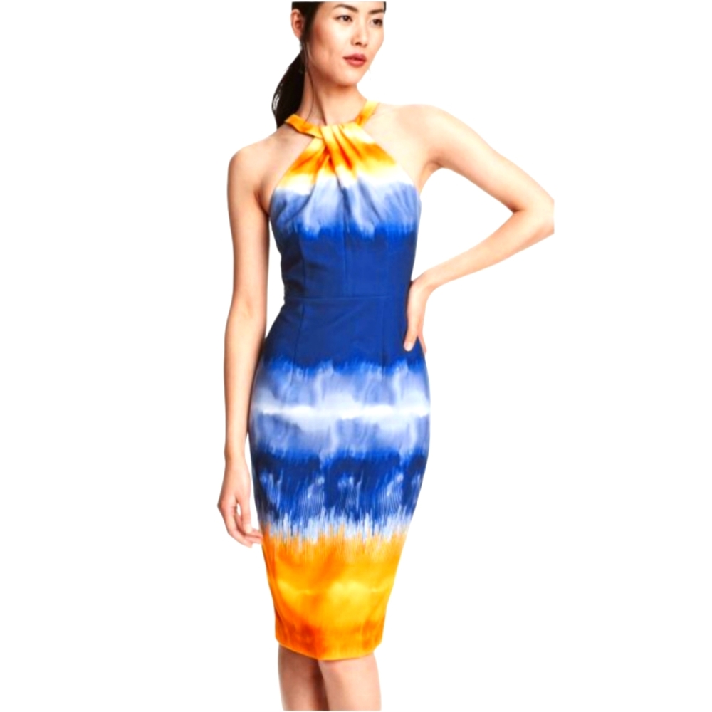 H&M Yellow, Blue & White Ombre Halter Bodycon Midi Dress w Keyhole Sz 6